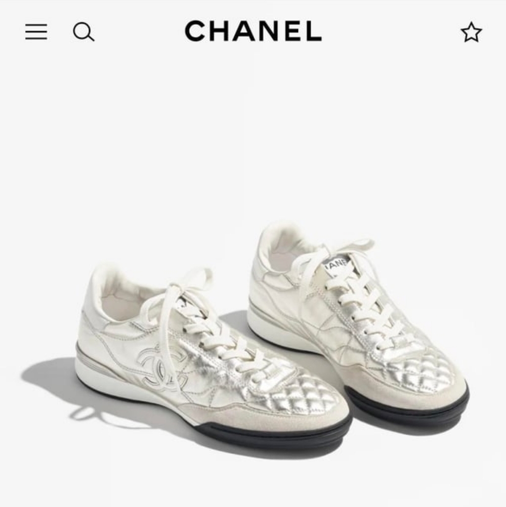 CHANEL Laminated Calfskin Silver / White Quilted Low Top Sneakers Size 40